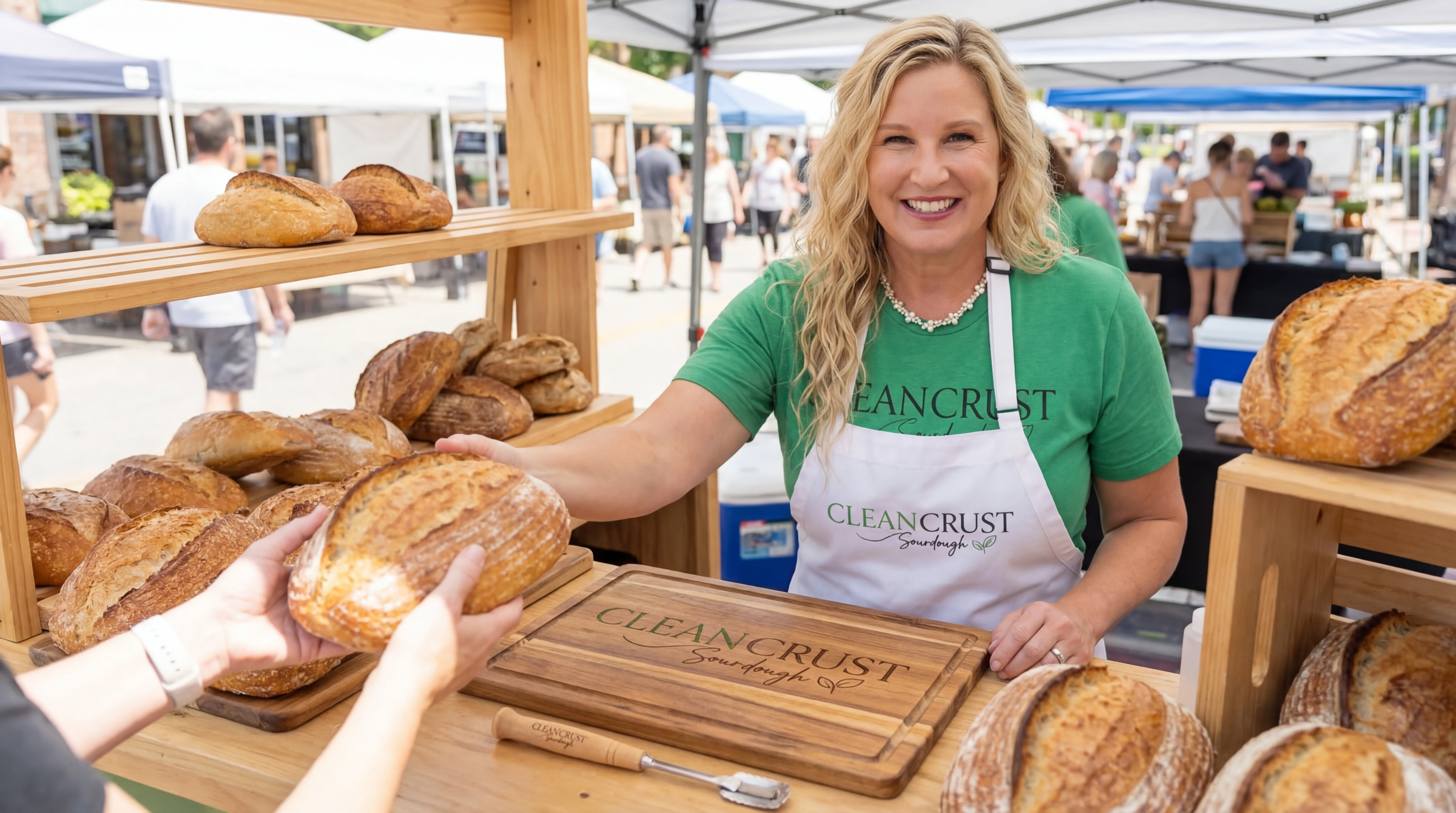 Serving bread at farmers market